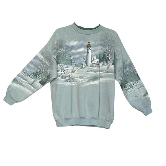 Vintage Tops - Vintage 90s Winter Lighthouse Wrap Around Sweatshirt
